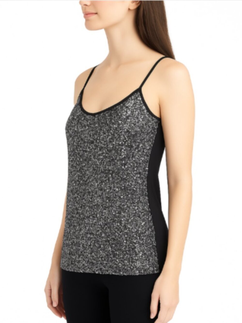 Badgley Mischka X-Small Black Silver Sequined Cami Top Sparkle Stretch Holiday